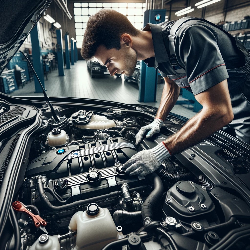Technician working on BMW engine